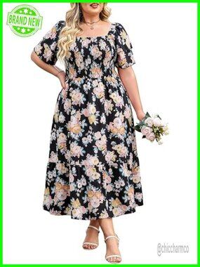 Plus Size Ruffle Sleeve Square Neck Smocked Midi Dress with Pockets